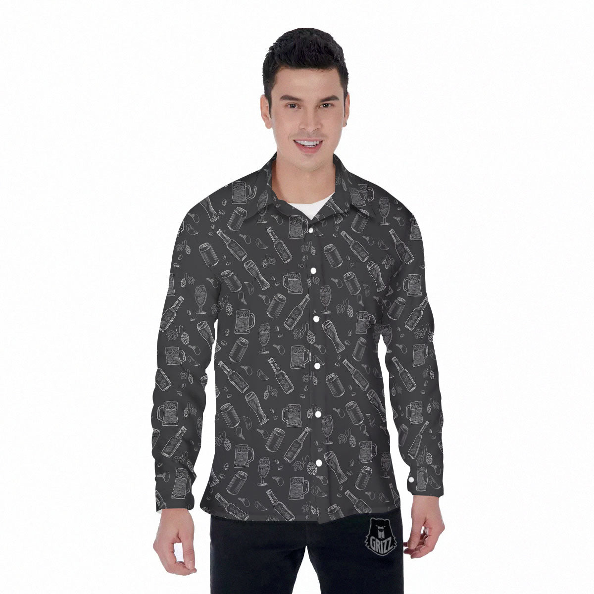 Beer White And Black Print Pattern Men's Long Sleeve Shirts-grizzshop
