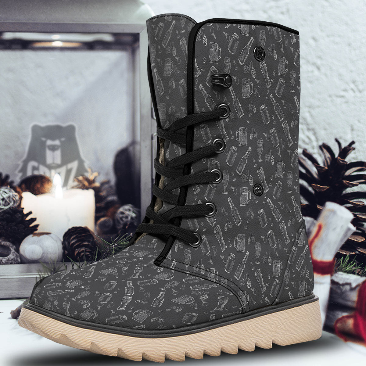 Beer White And Black Print Pattern Snow Boots-grizzshop