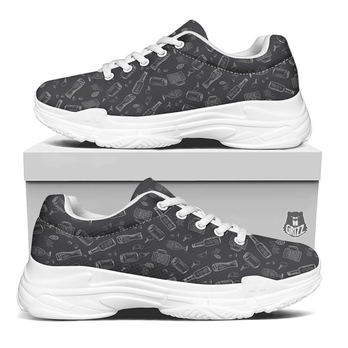 Beer White And Black Print Pattern White Chunky Shoes-grizzshop