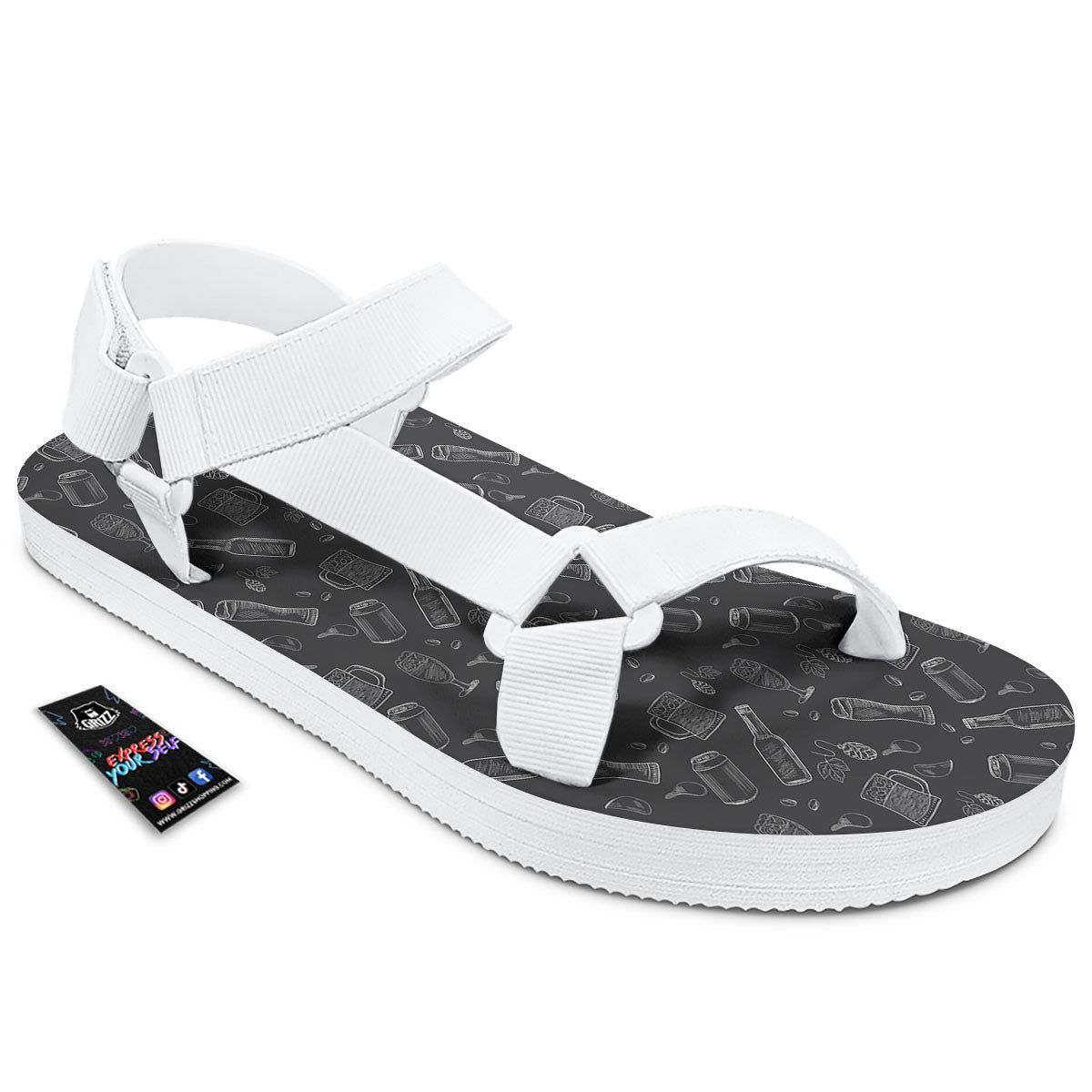 Beer White And Black Print Pattern White Open Toe Sandals-grizzshop