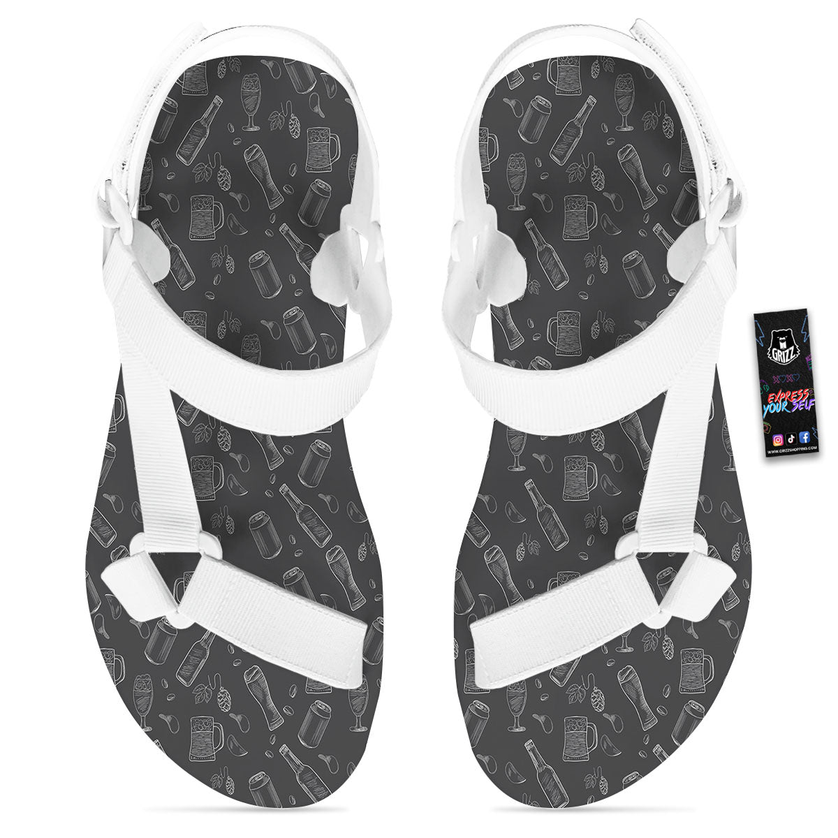 Beer White And Black Print Pattern White Open Toe Sandals-grizzshop