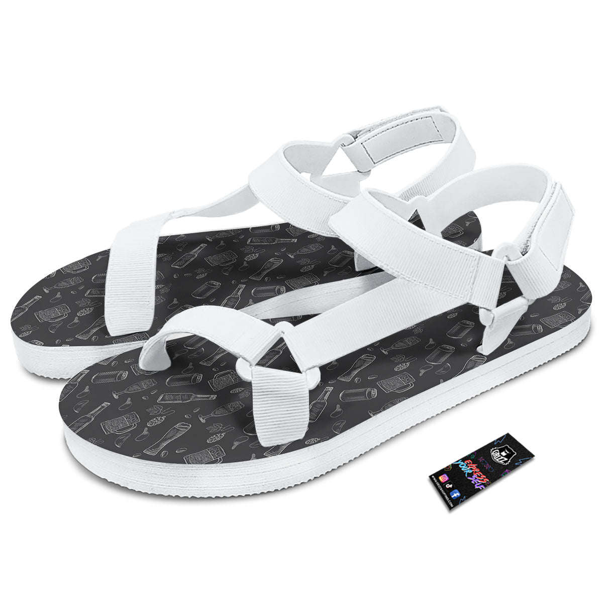 Beer White And Black Print Pattern White Open Toe Sandals-grizzshop