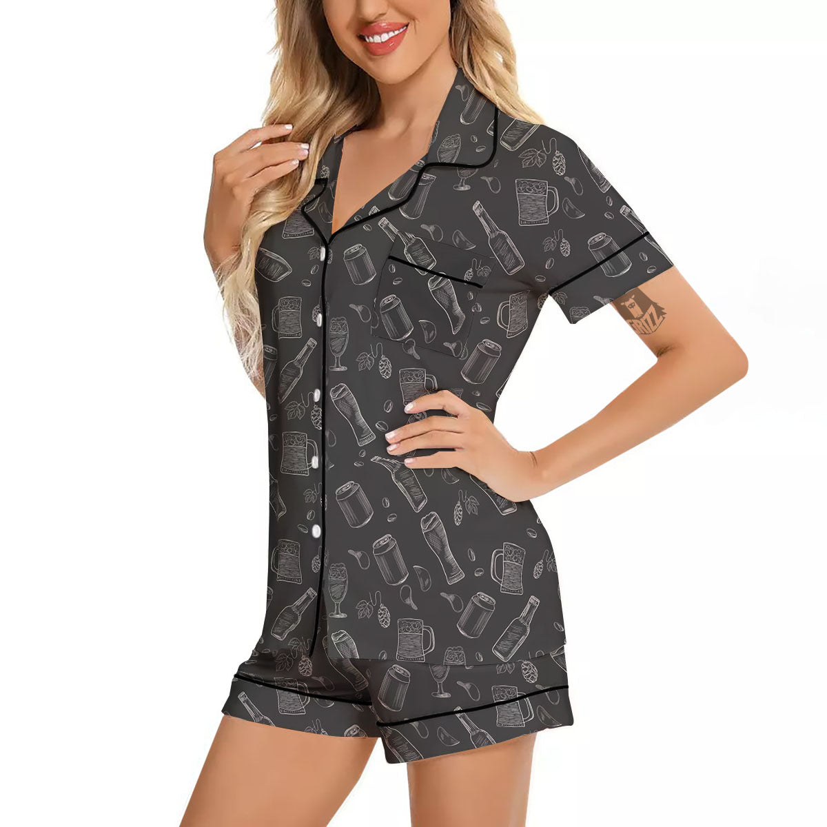 Beer White And Black Print Pattern Women Silk Pajamas-grizzshop