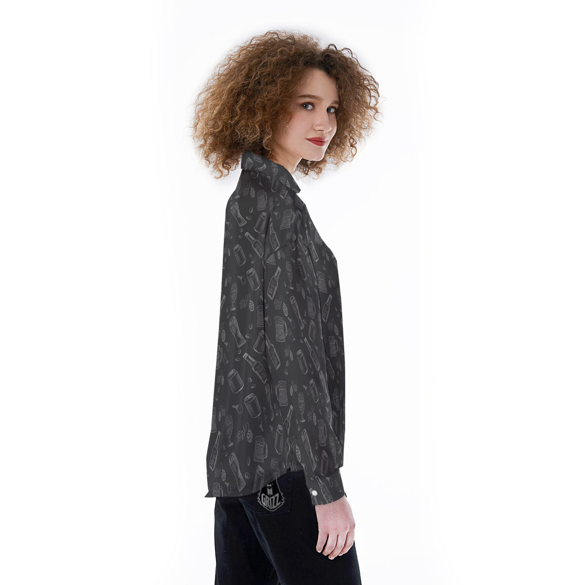 Beer White And Black Print Pattern Women's Long Sleeve Shirts-grizzshop