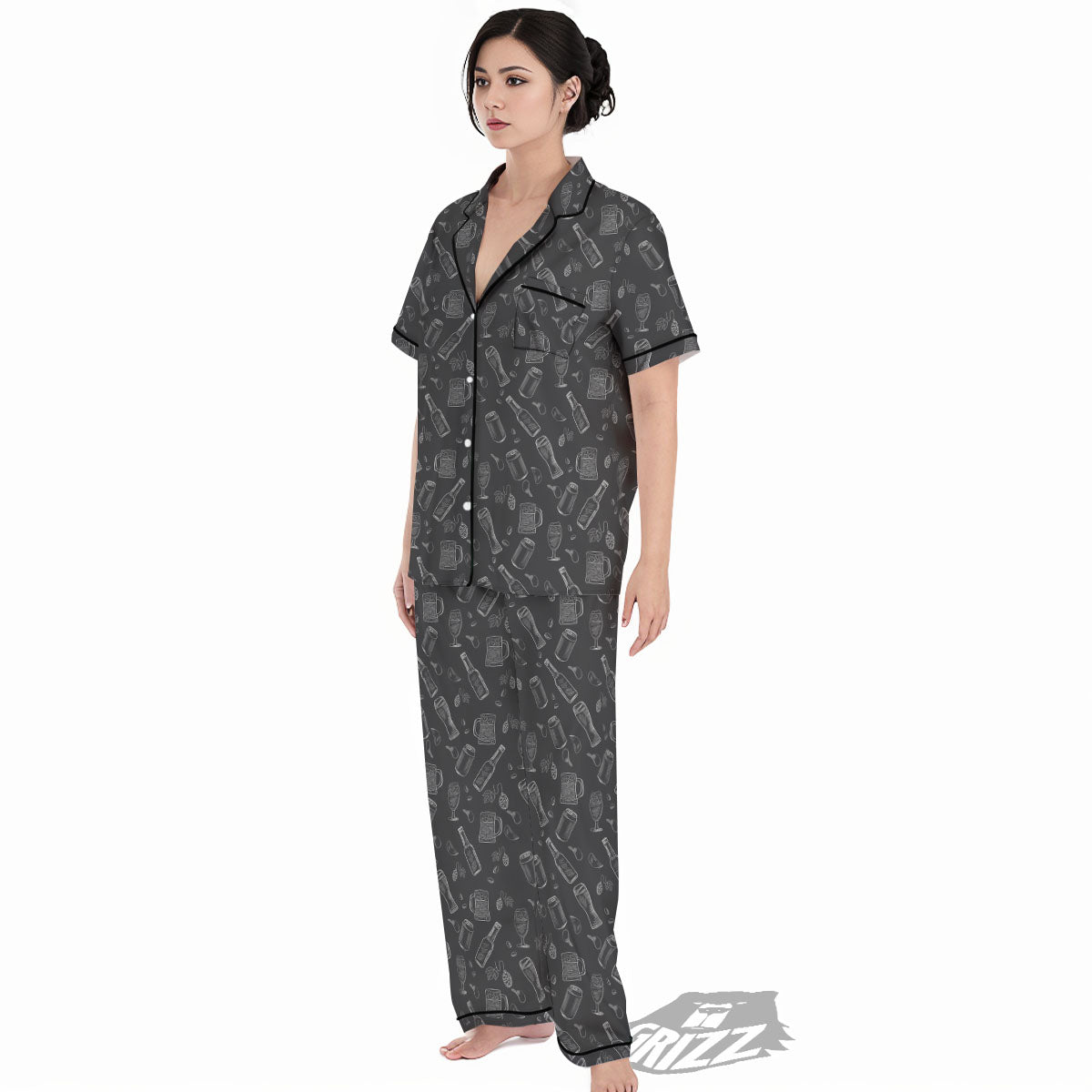Beer White And Black Print Pattern Women's Pajamas Set-grizzshop