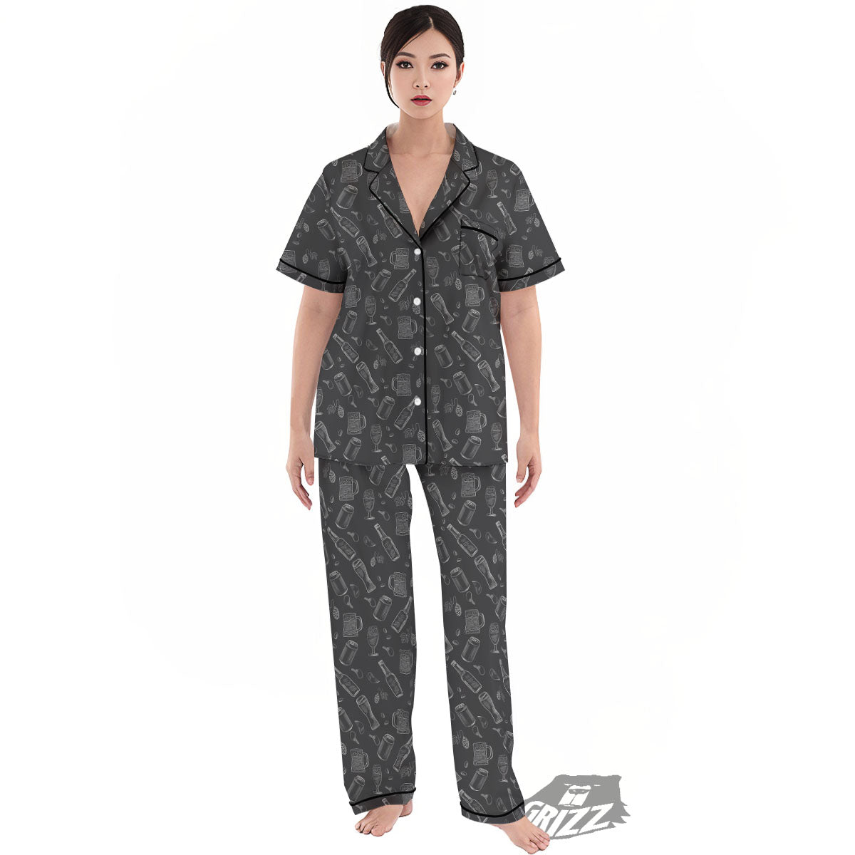 Beer White And Black Print Pattern Women's Pajamas Set-grizzshop