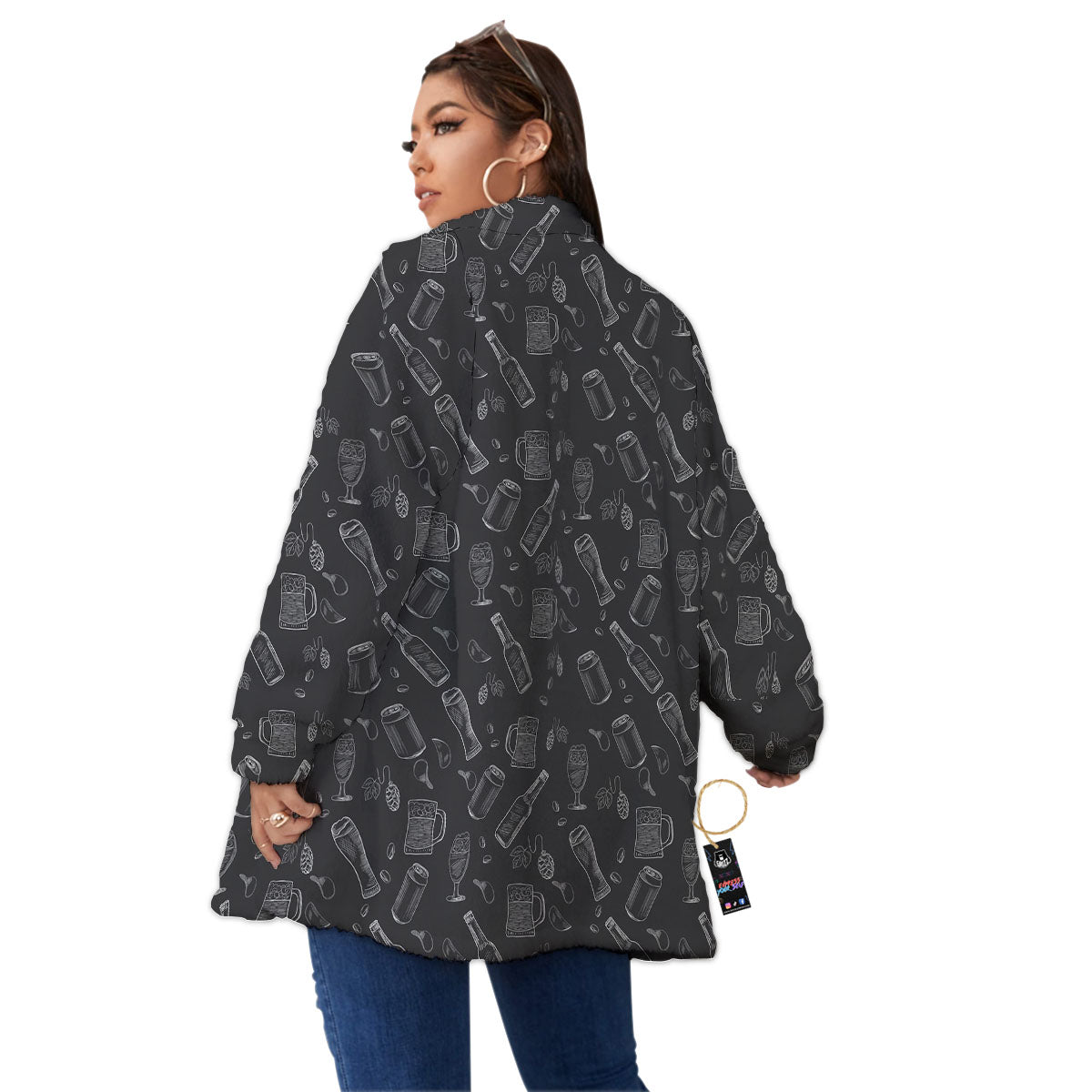 Beer White And Black Print Pattern Women's Sherpa Jacket-grizzshop