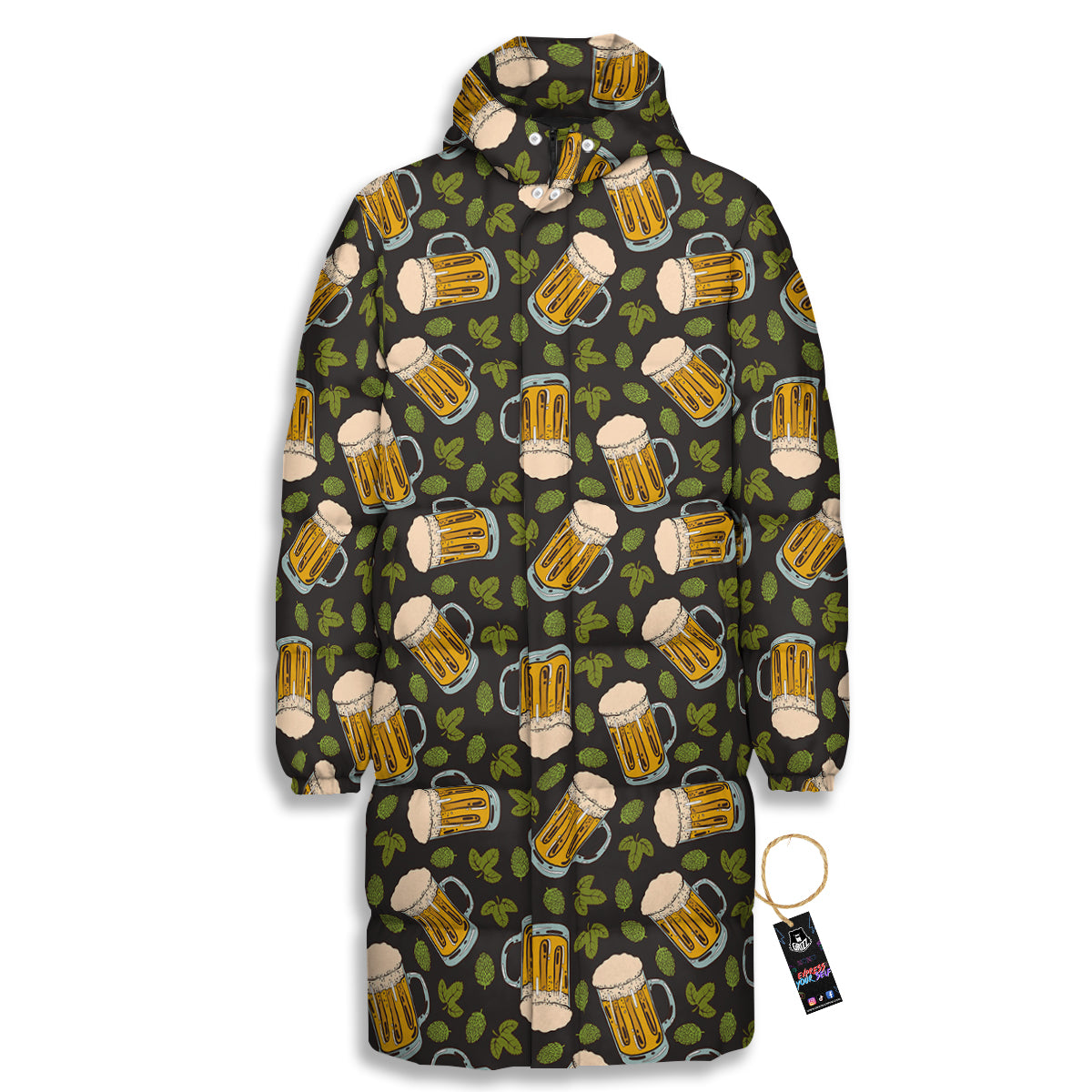 Beer And Hop Cone Leaf Print Pattern Long Down Jacket