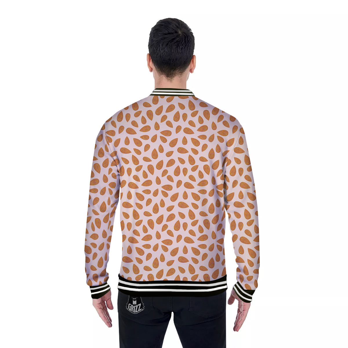 Beige Almond Print Pattern Baseball Jacket-grizzshop