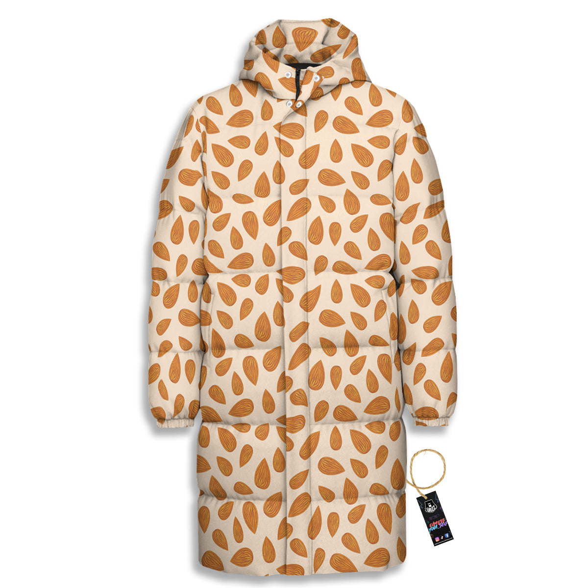 Beige Almond Print Pattern Long Down Jacket-grizzshop