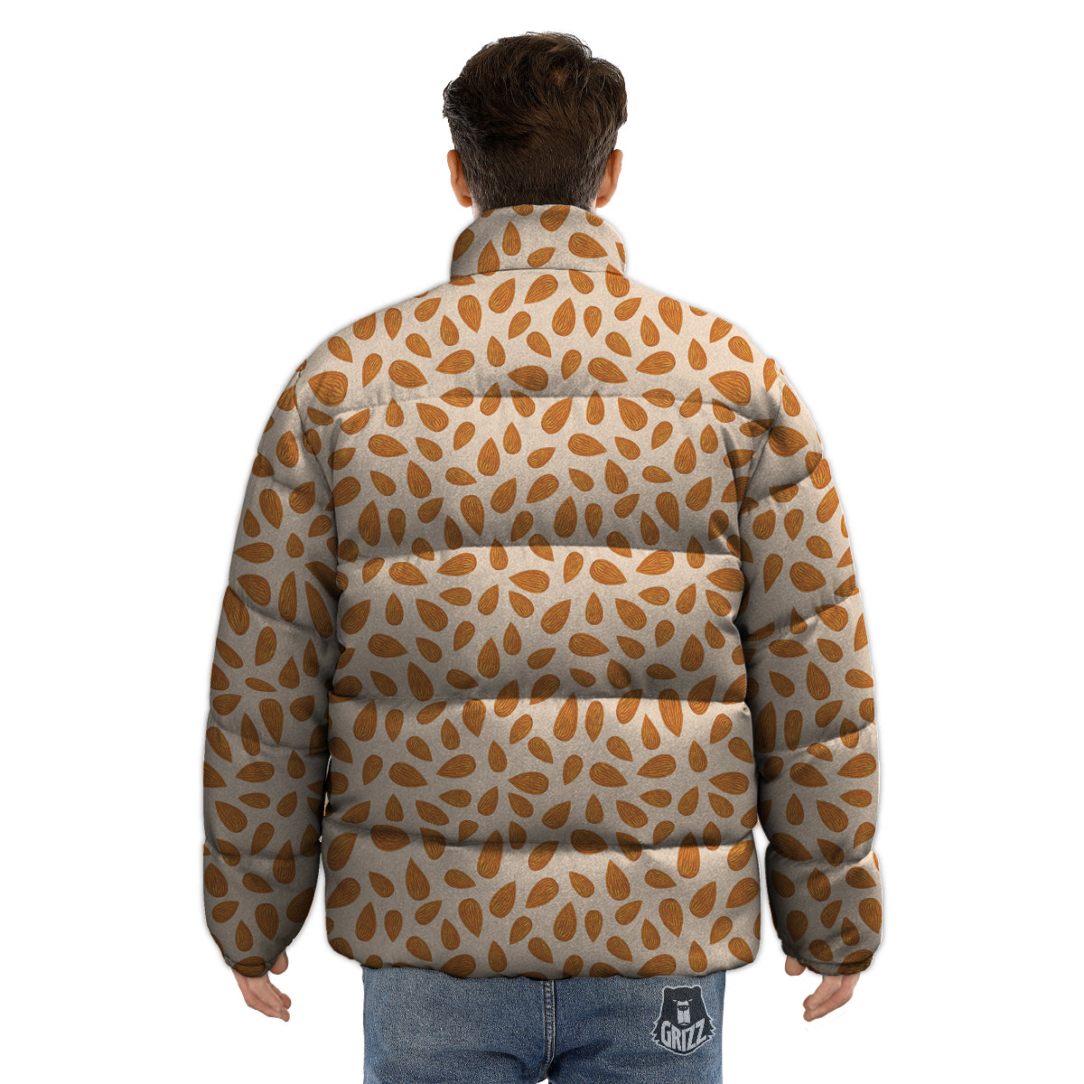 Beige Almond Print Pattern Puffer Jacket-grizzshop