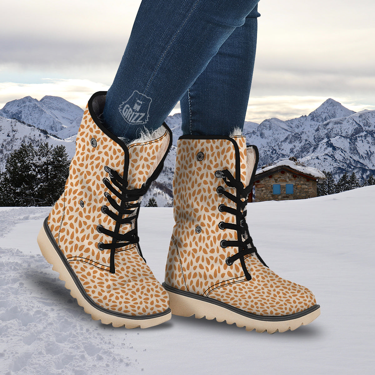 Beige Almond Print Pattern Snow Boots-grizzshop