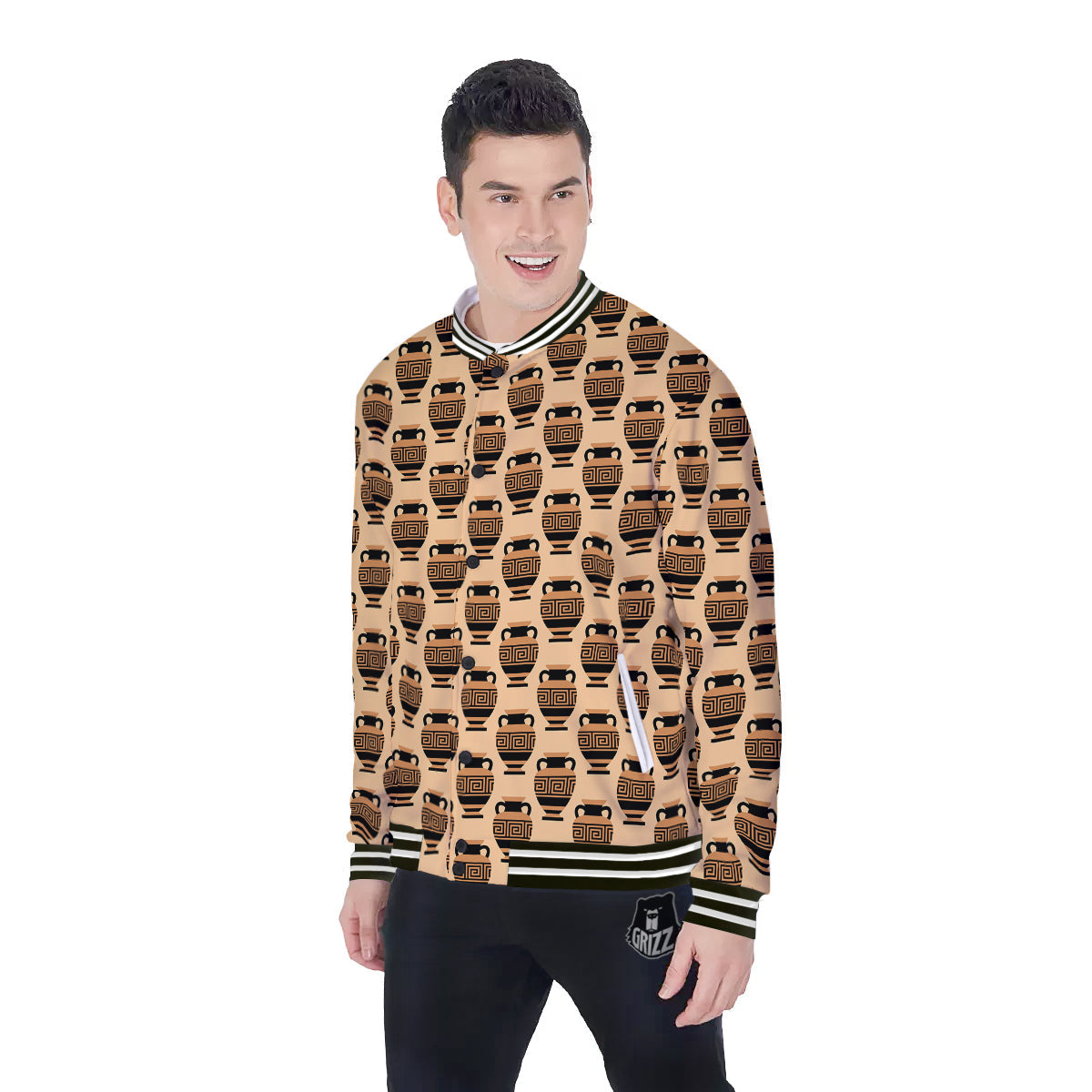 Beige Amphora Greek Print Pattern Baseball Jacket-grizzshop