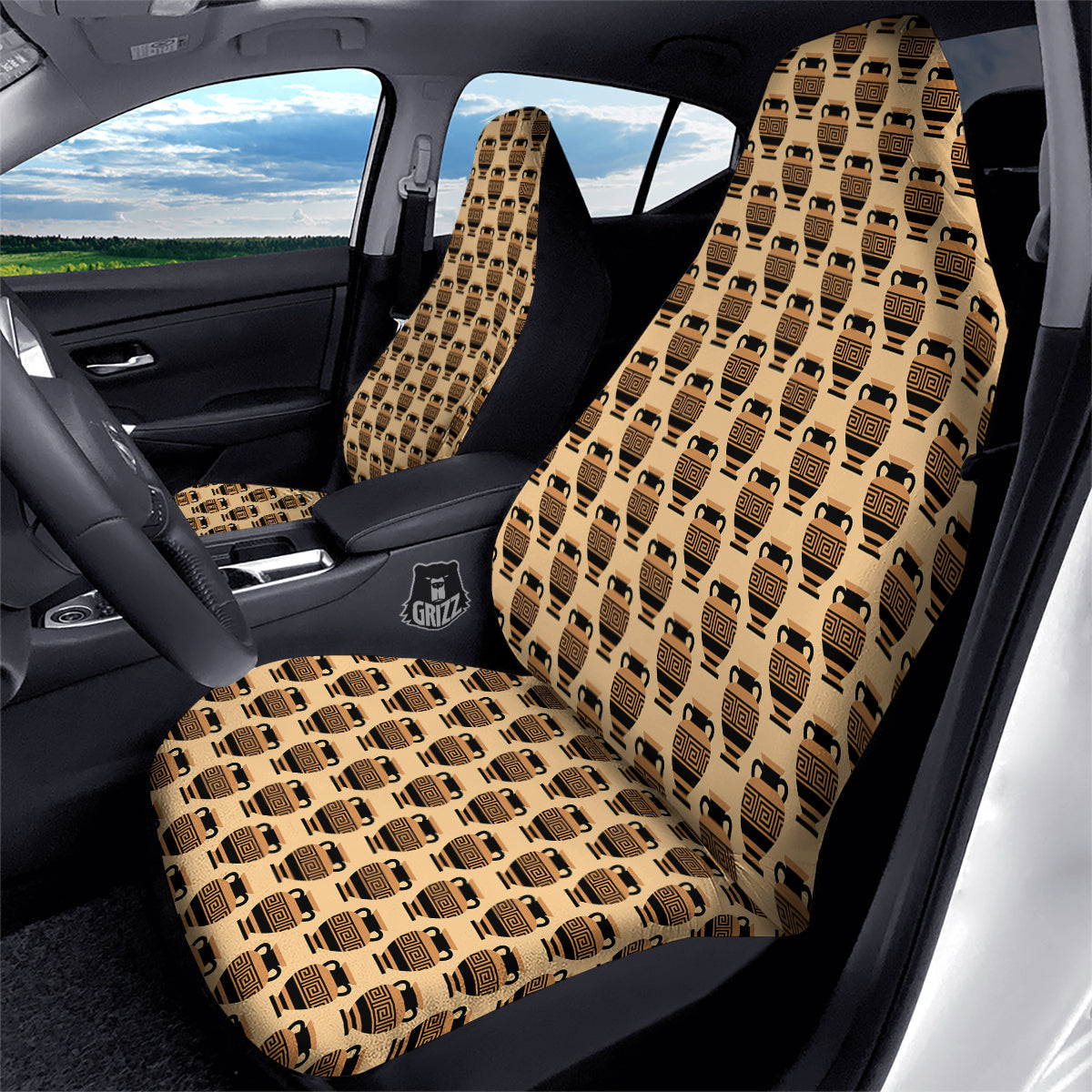 Beige Amphora Greek Print Pattern Car Seat Covers-grizzshop