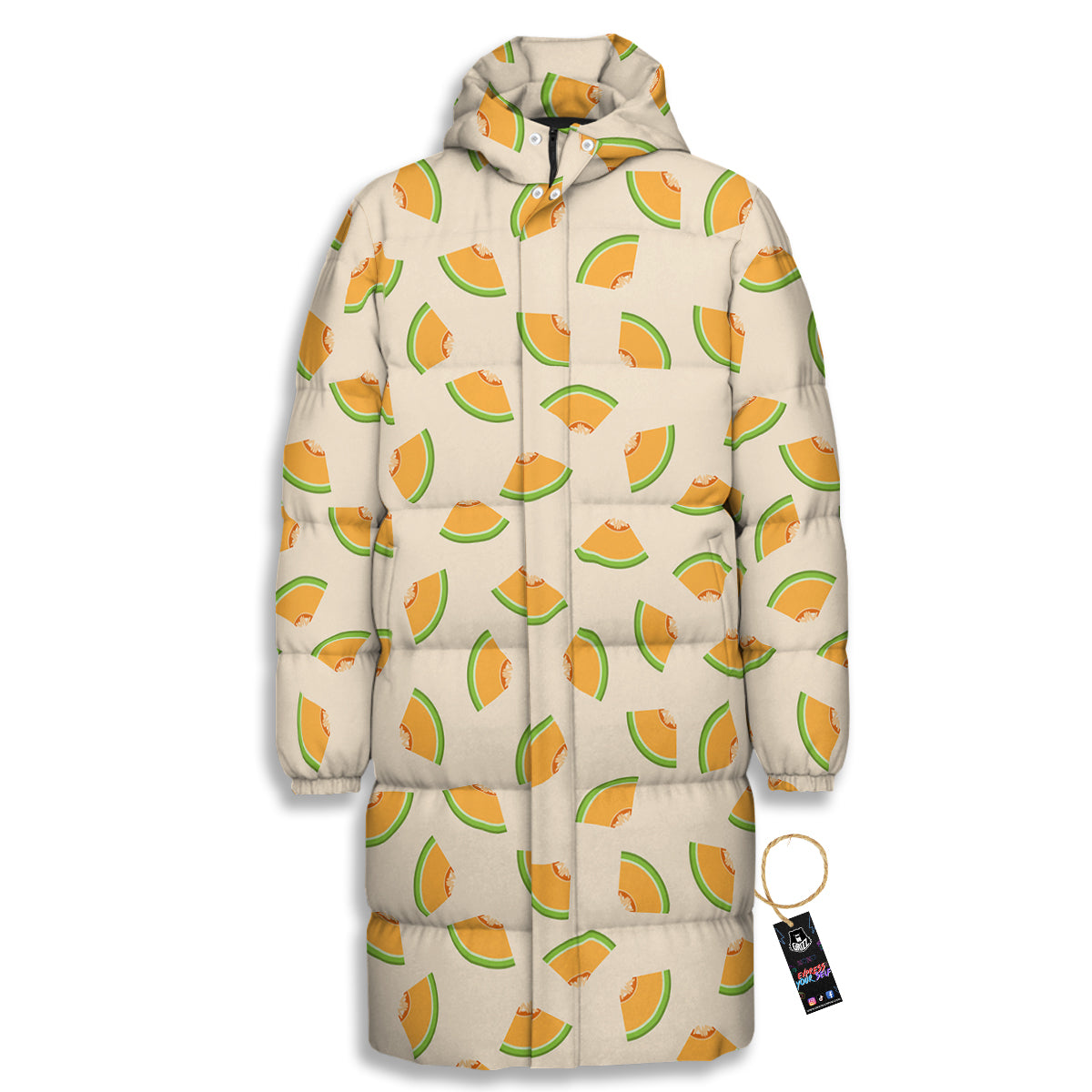 Beige And Melon Print Pattern Long Down Jacket-grizzshop