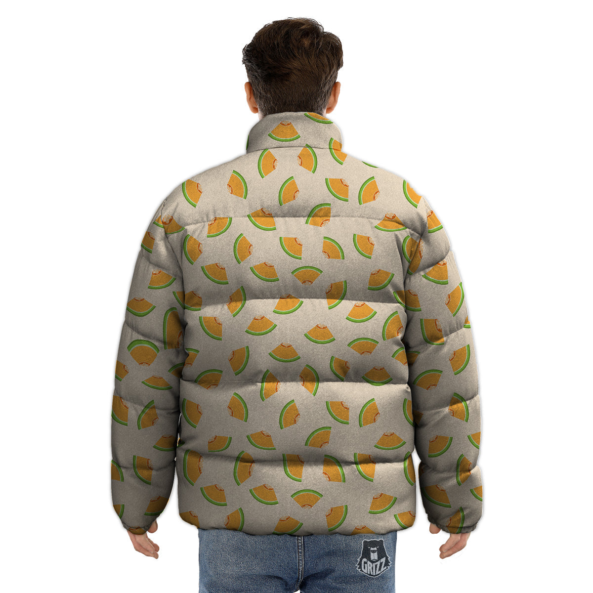 Beige And Melon Print Pattern Puffer Jacket-grizzshop