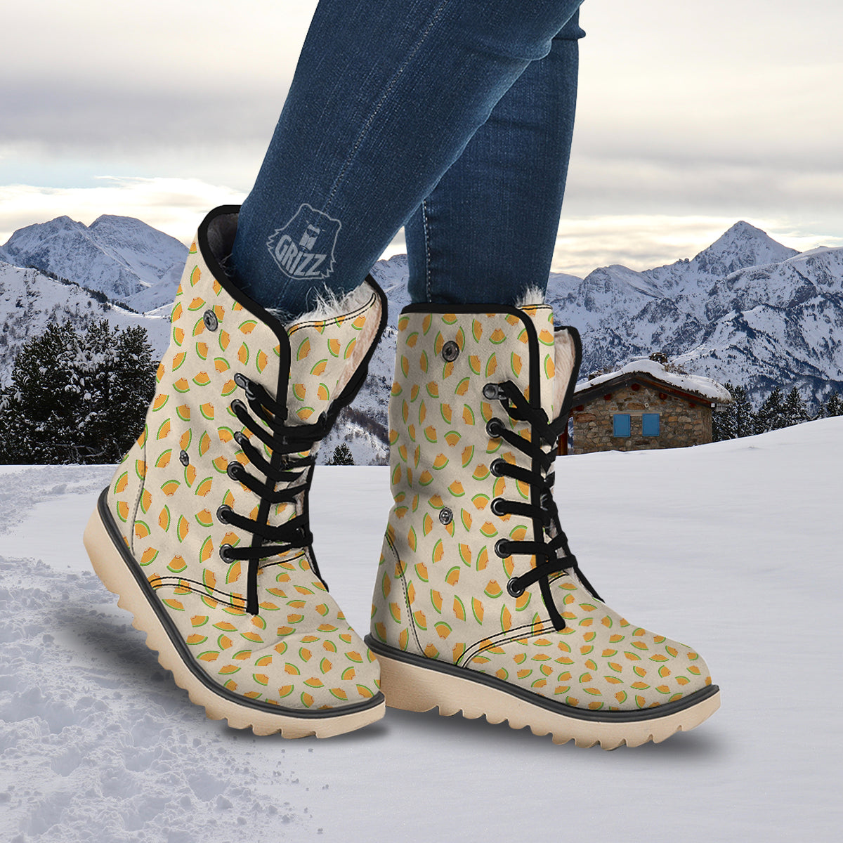 Beige And Melon Print Pattern Snow Boots-grizzshop