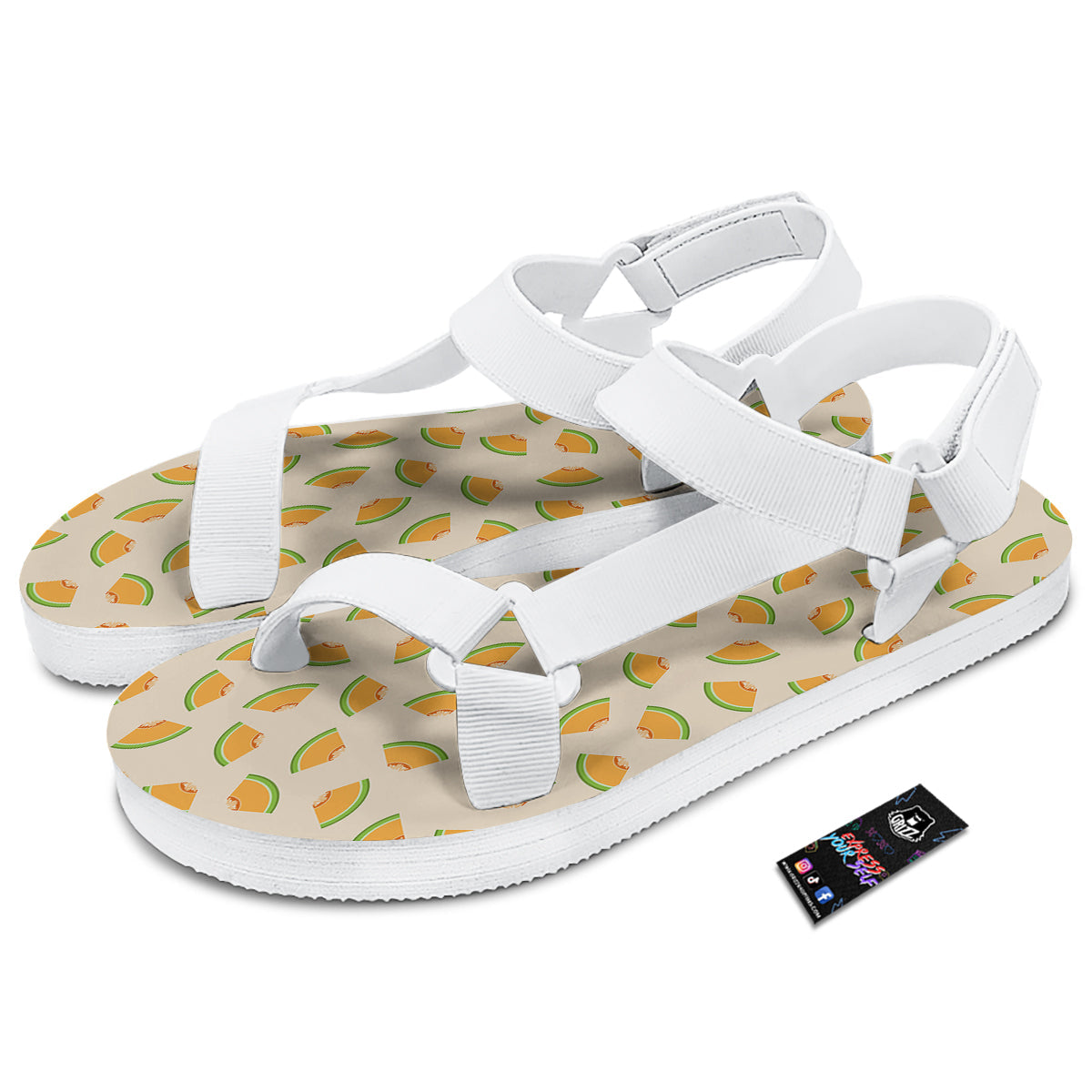 Beige And Melon Print Pattern White Open Toe Sandals-grizzshop