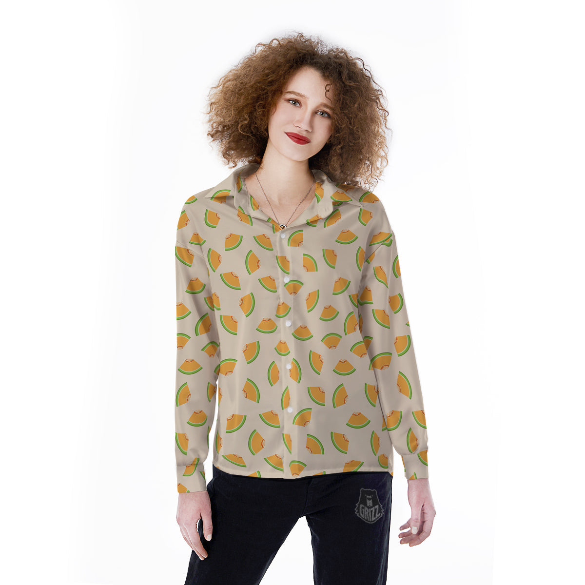 Beige And Melon Print Pattern Women's Long Sleeve Shirts-grizzshop
