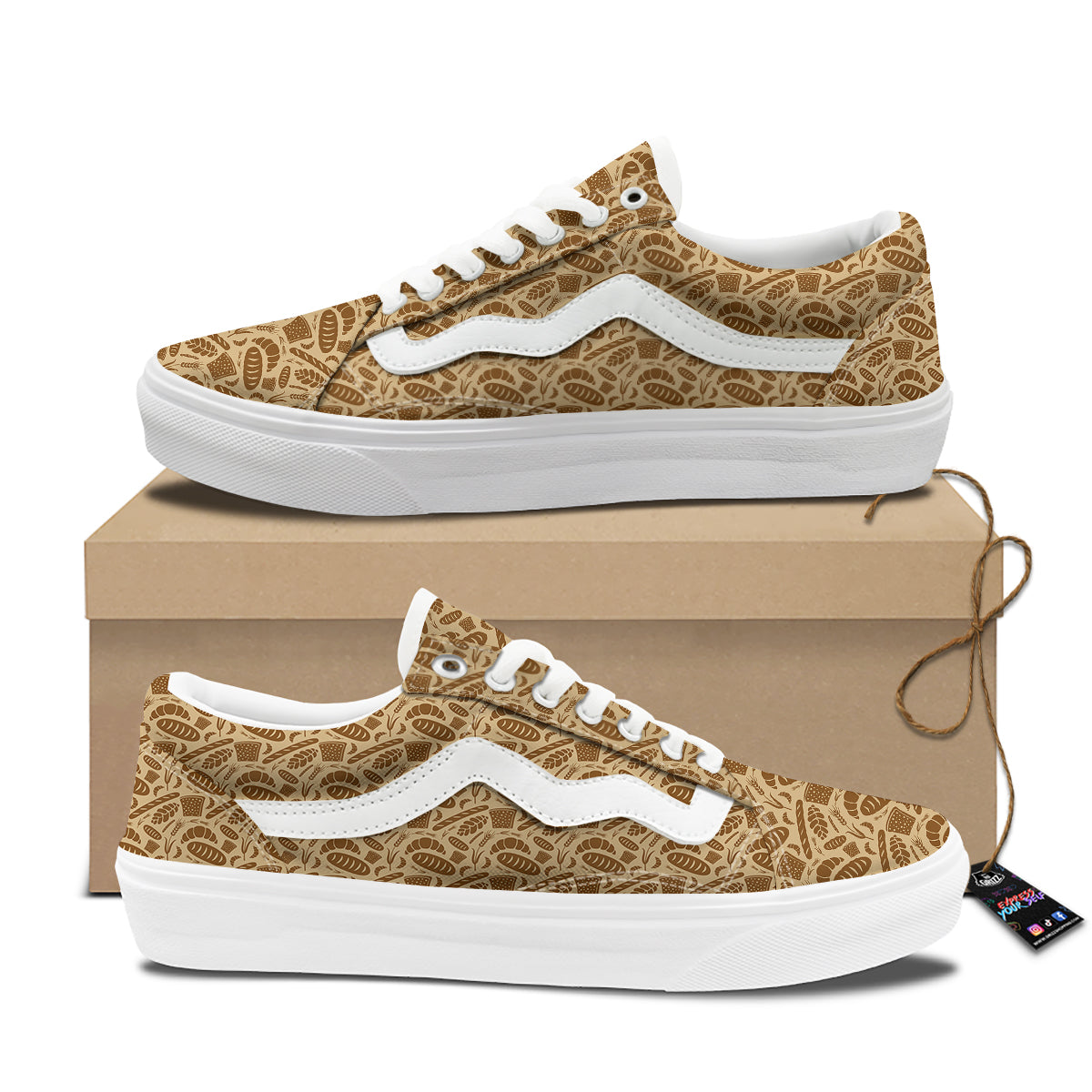 Beige Brown Bakery Print Pattern Skate Shoes-grizzshop