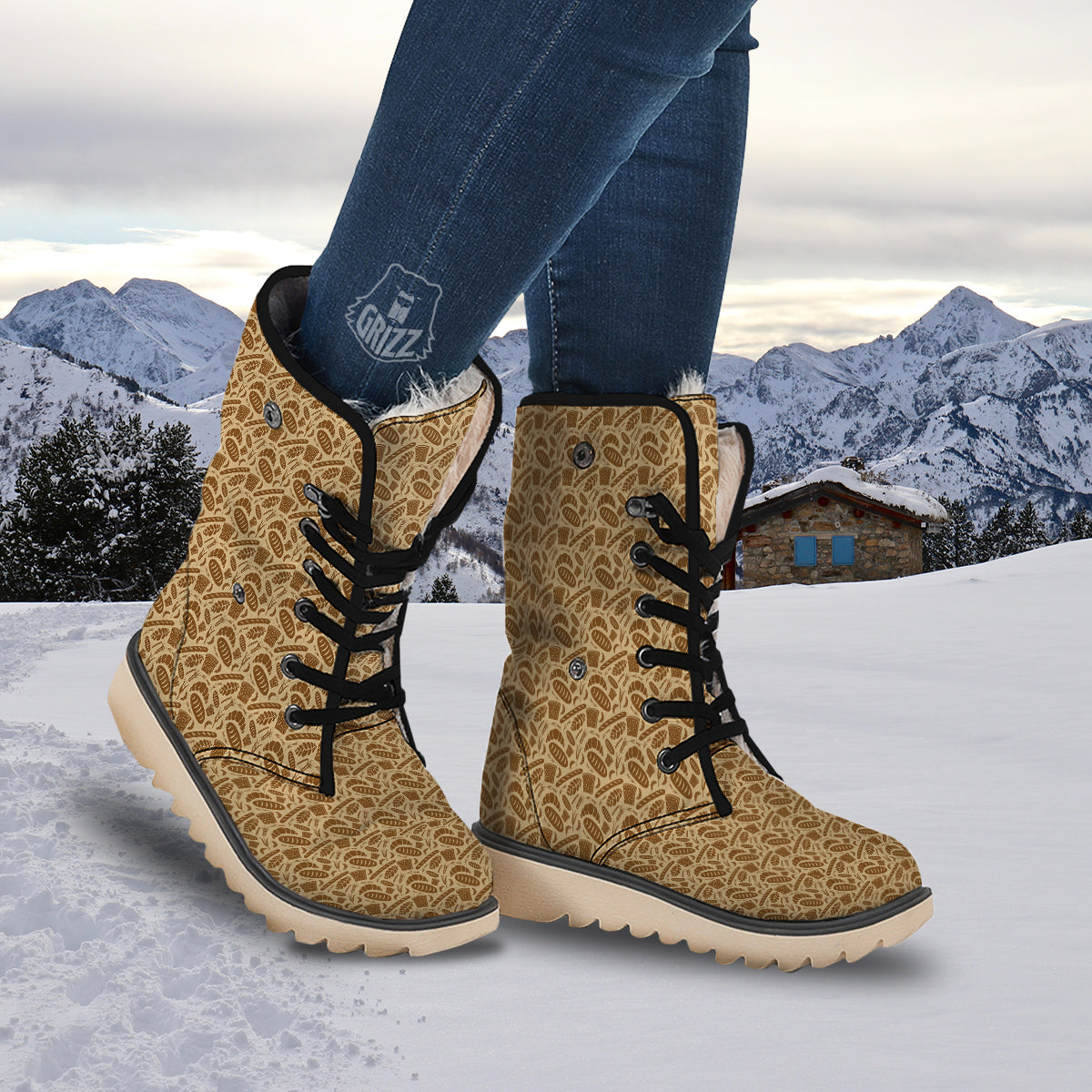 Beige Brown Bakery Print Pattern Snow Boots-grizzshop