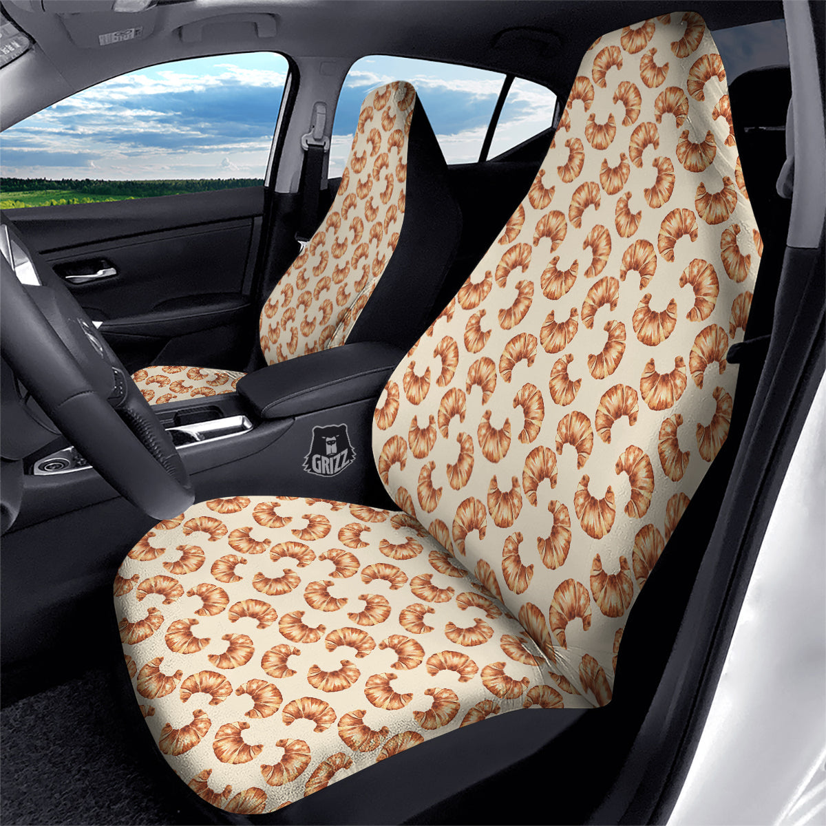 Beige Croissant Watercolor Print Pattern Car Seat Covers-grizzshop