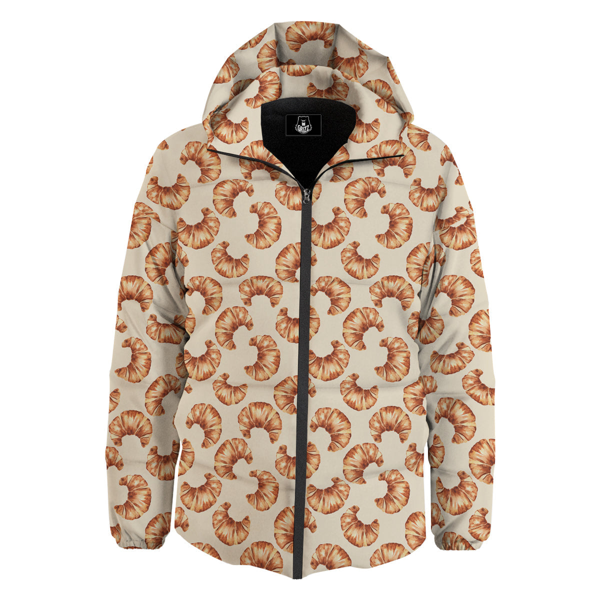 Beige Croissant Watercolor Print Pattern Down Jacket-grizzshop