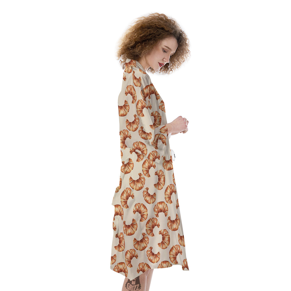 Beige Croissant Watercolor Print Pattern Kimono-grizzshop