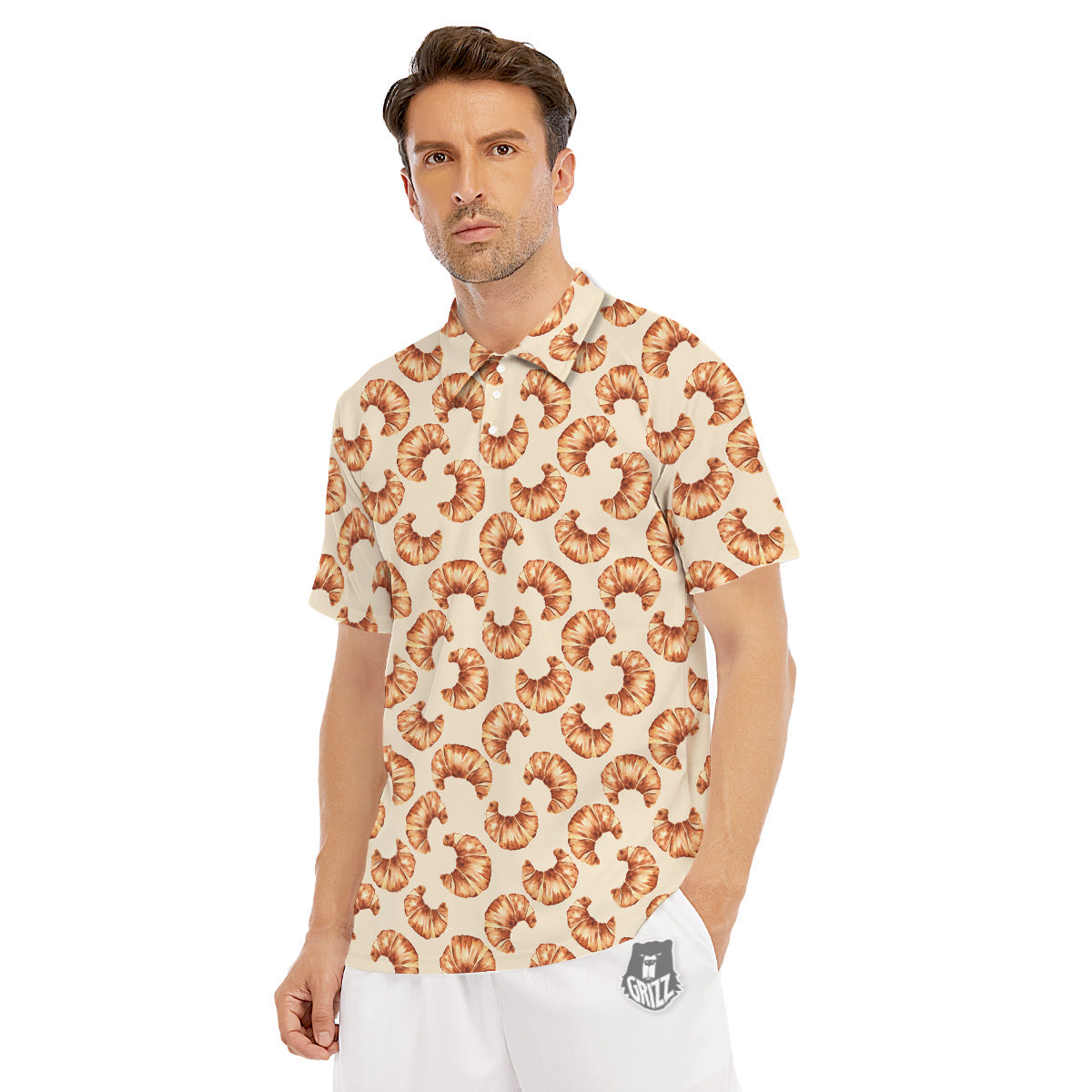 Beige Croissant Watercolor Print Pattern Men's Golf Shirts-grizzshop