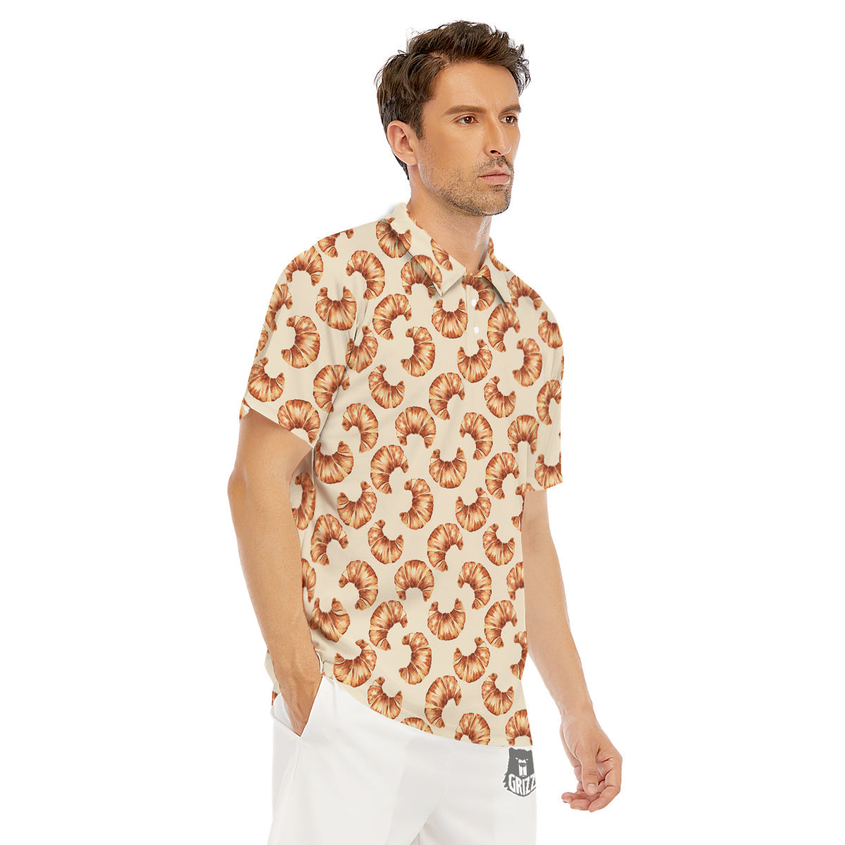 Beige Croissant Watercolor Print Pattern Men's Golf Shirts-grizzshop