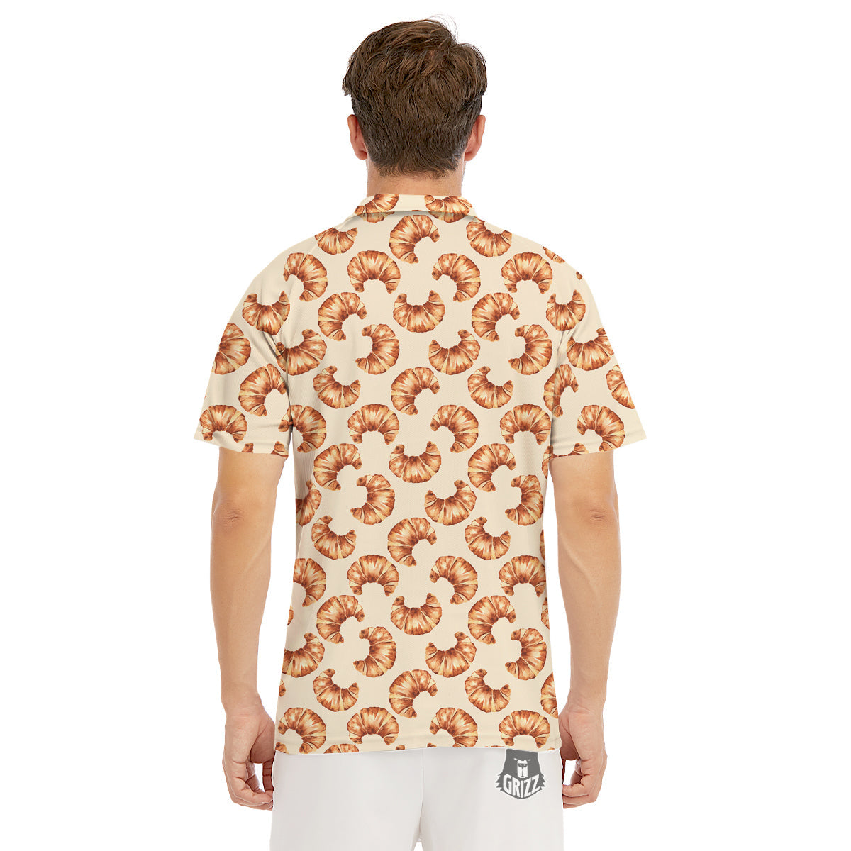 Beige Croissant Watercolor Print Pattern Men's Golf Shirts-grizzshop