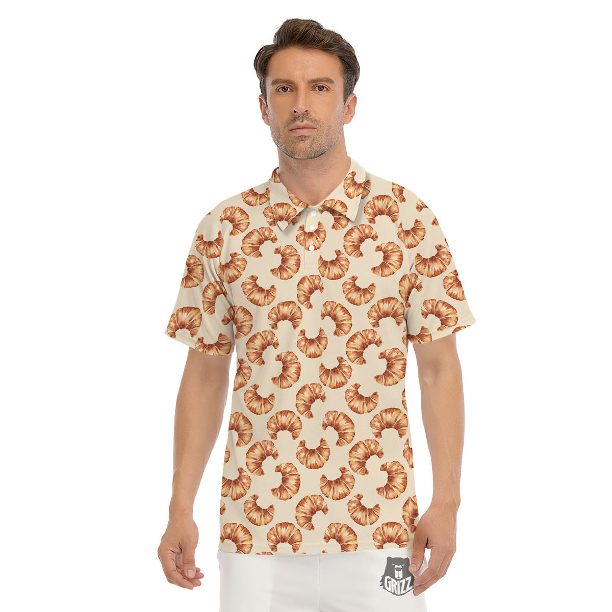 Beige Croissant Watercolor Print Pattern Men's Golf Shirts-grizzshop