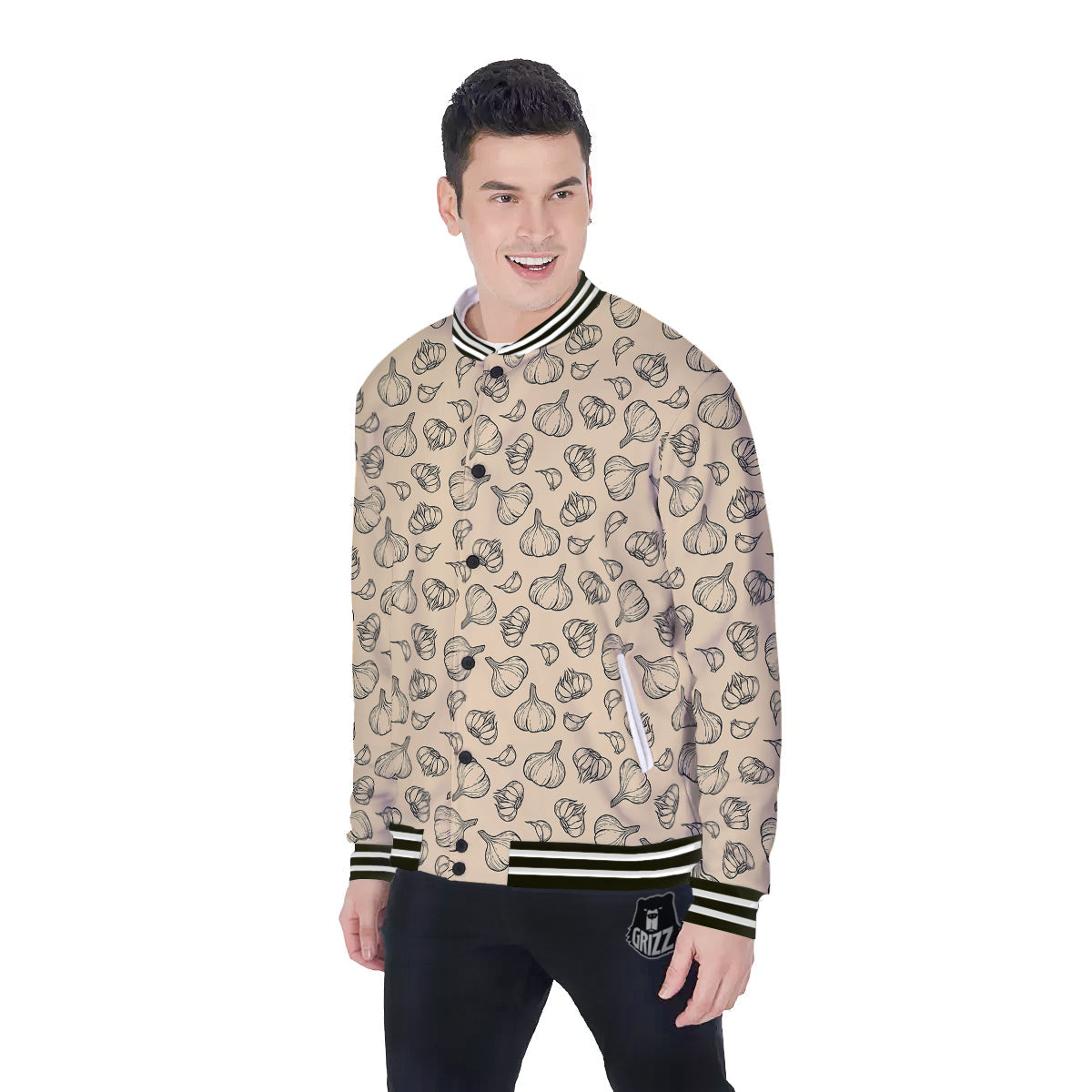 Beige Drawing Garlic Print Pattern Baseball Jacket-grizzshop