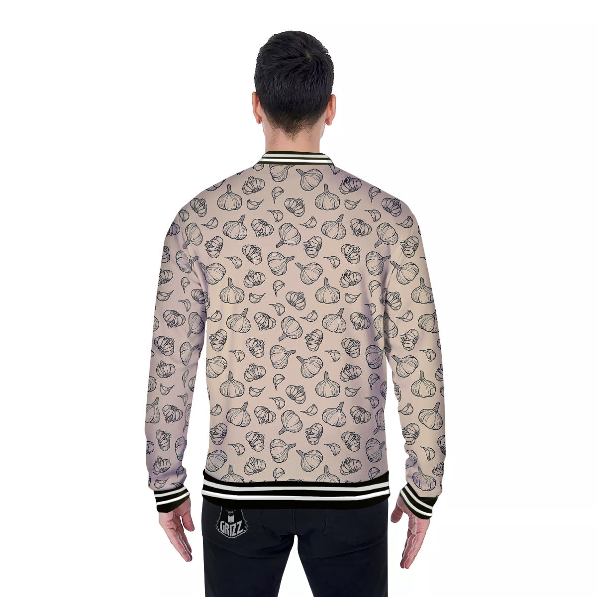 Beige Drawing Garlic Print Pattern Baseball Jacket-grizzshop