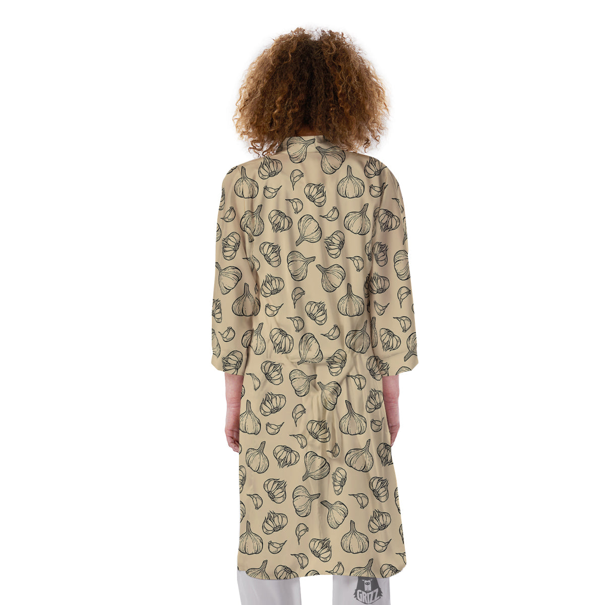 Beige Drawing Garlic Print Pattern Kimono-grizzshop