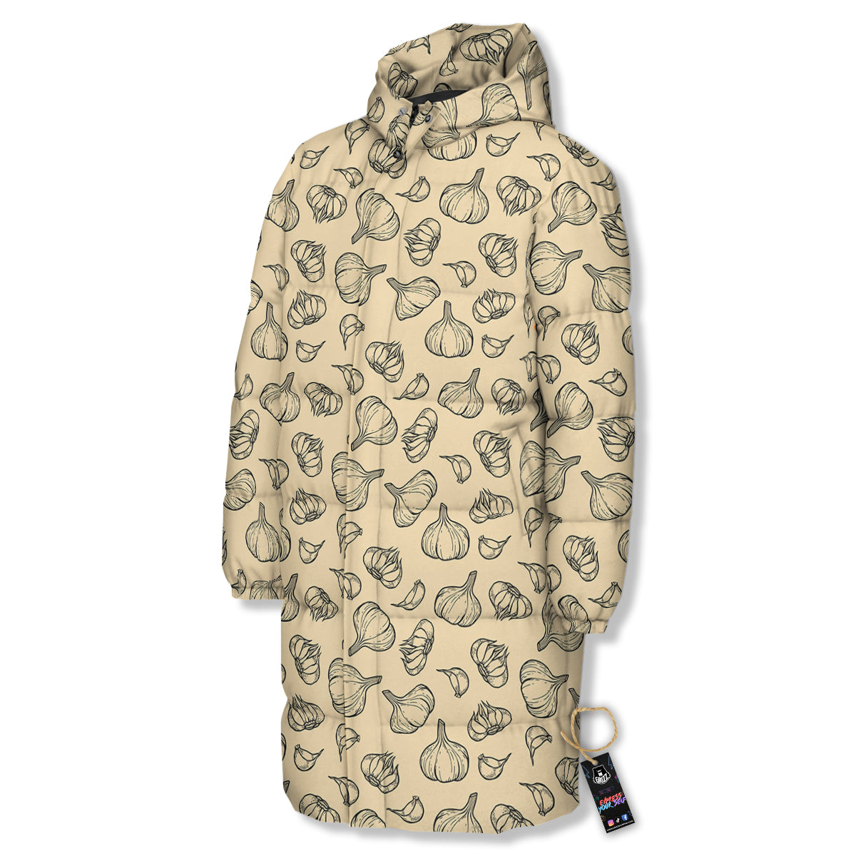 Beige Drawing Garlic Print Pattern Long Down Jacket-grizzshop