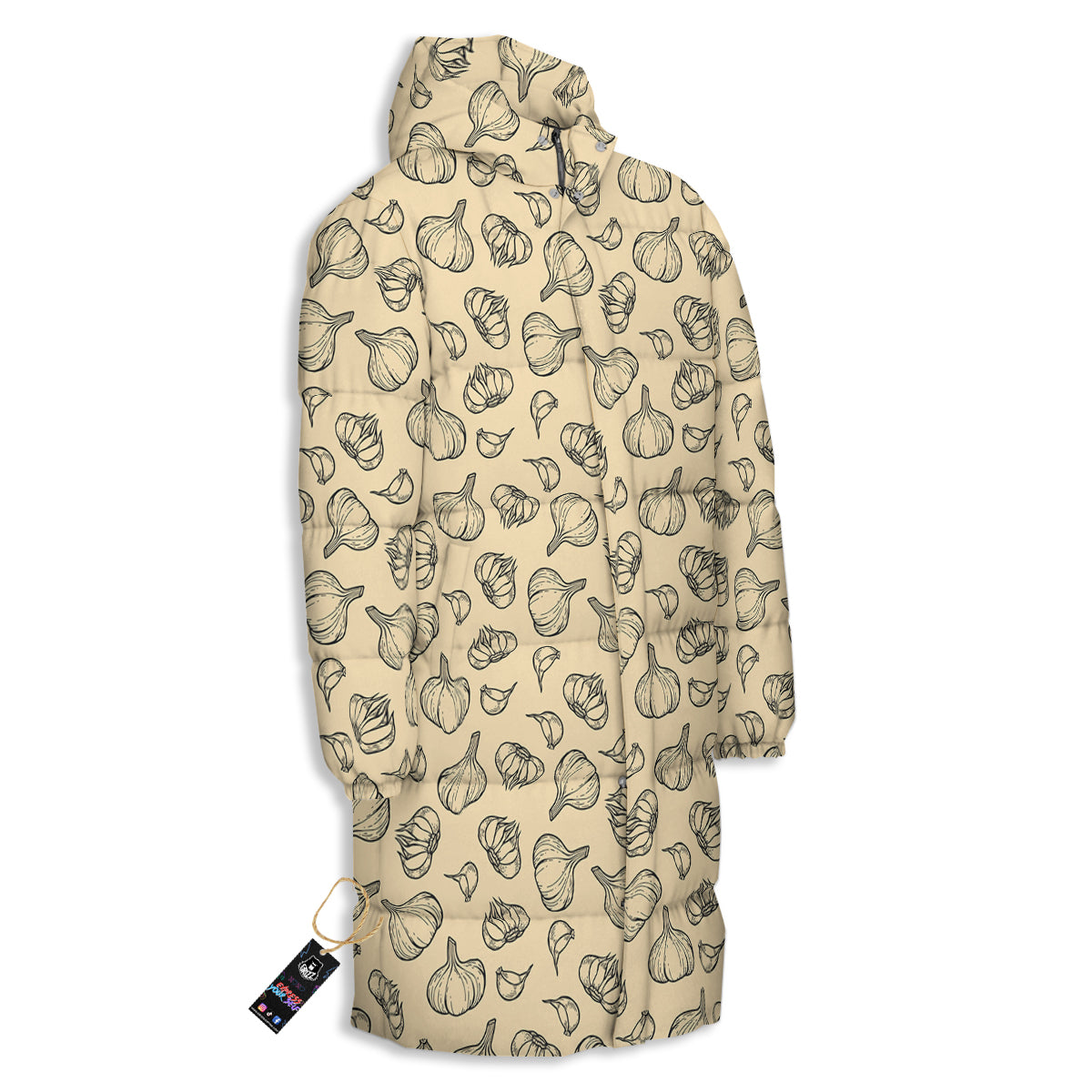 Beige Drawing Garlic Print Pattern Long Down Jacket-grizzshop