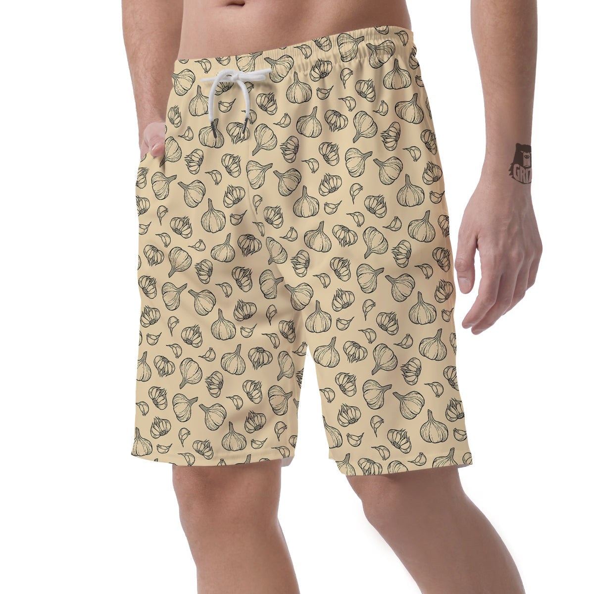 Beige Drawing Garlic Print Pattern Men's Shorts-grizzshop
