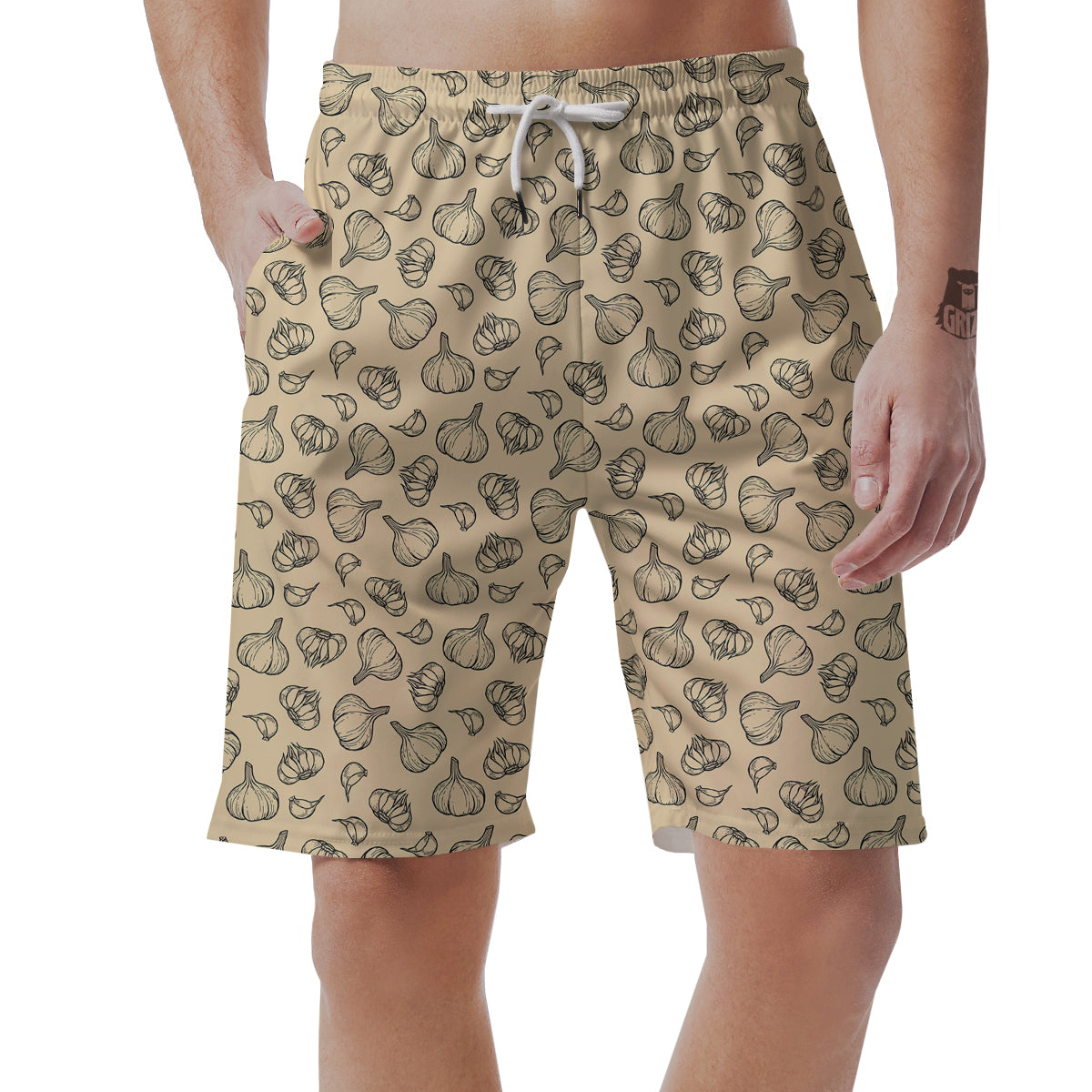 Beige Drawing Garlic Print Pattern Men's Shorts-grizzshop