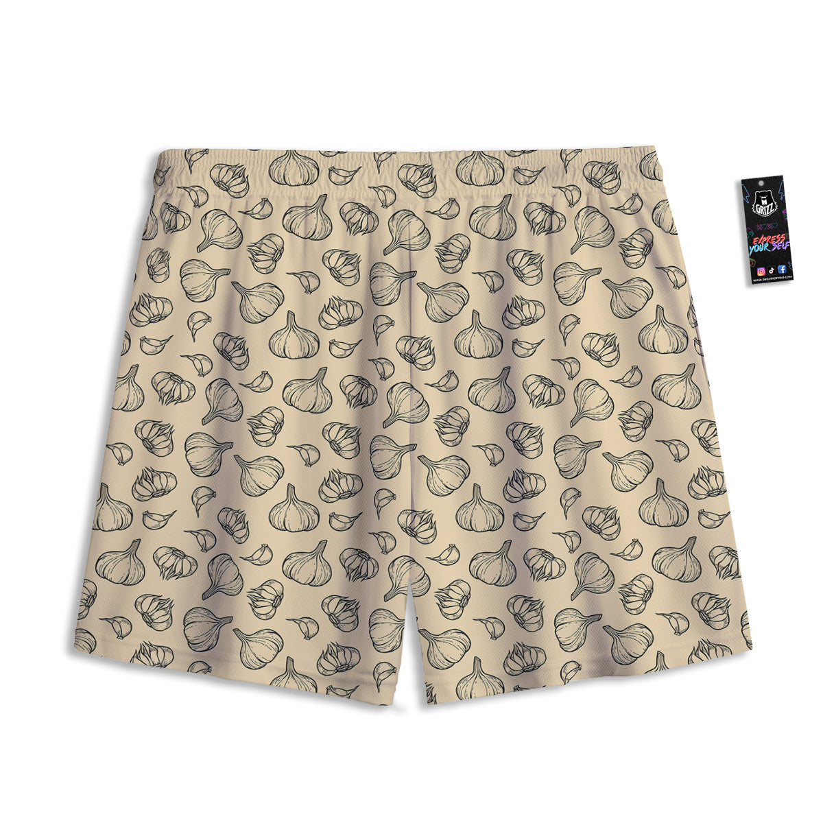Beige Drawing Garlic Print Pattern Mesh Shorts-grizzshop