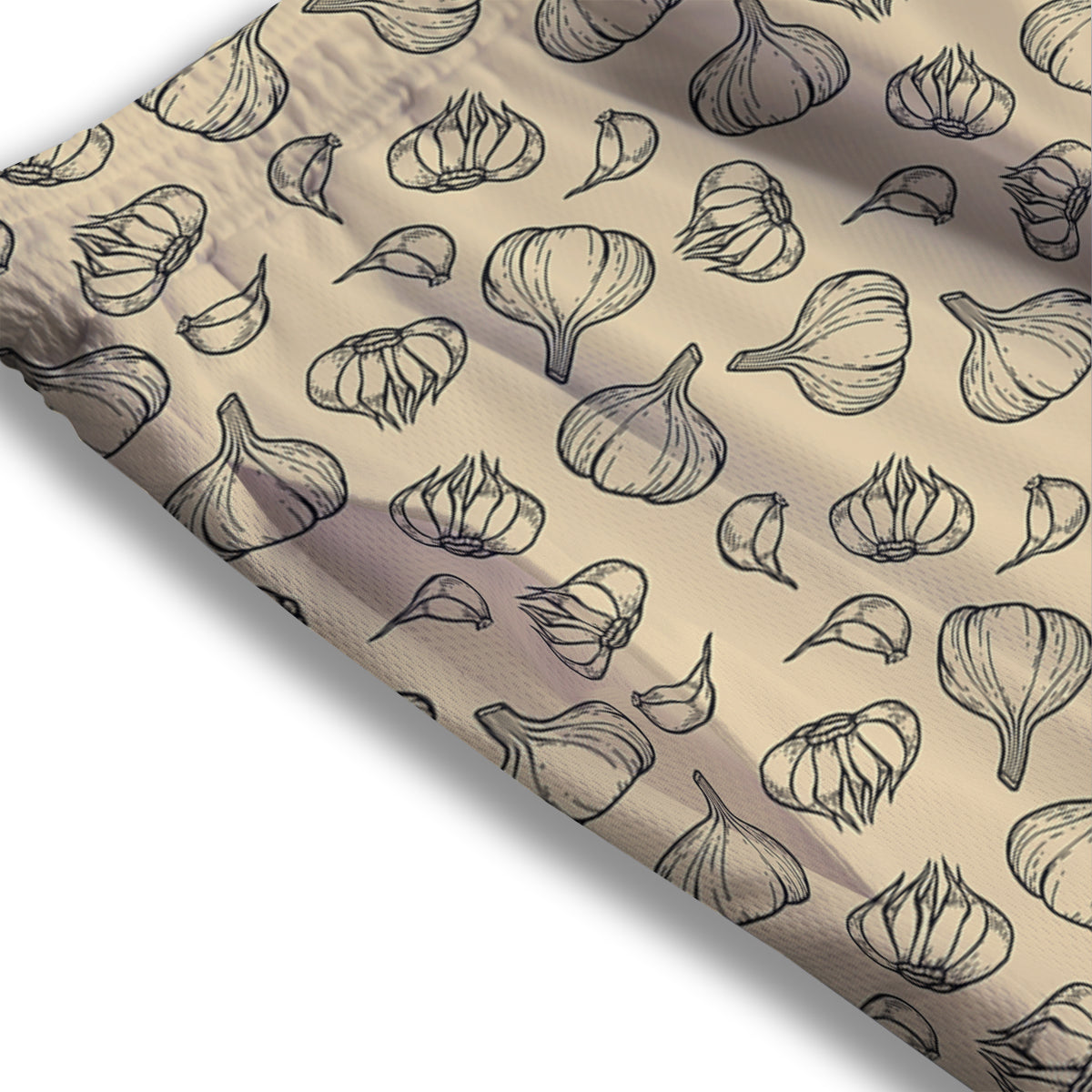 Beige Drawing Garlic Print Pattern Mesh Shorts-grizzshop