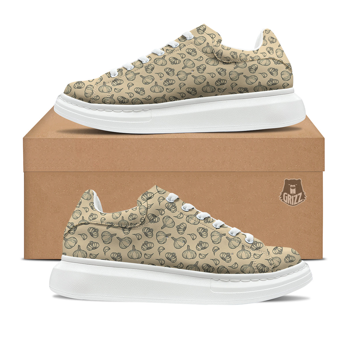Beige Drawing Garlic Print Pattern Platform Shoes-grizzshop