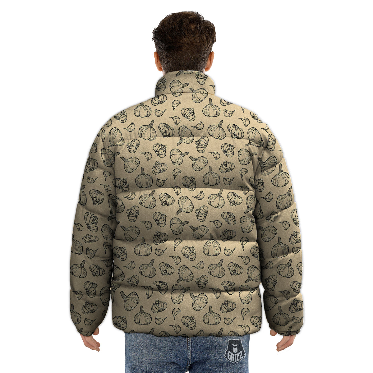 Beige Drawing Garlic Print Pattern Puffer Jacket-grizzshop