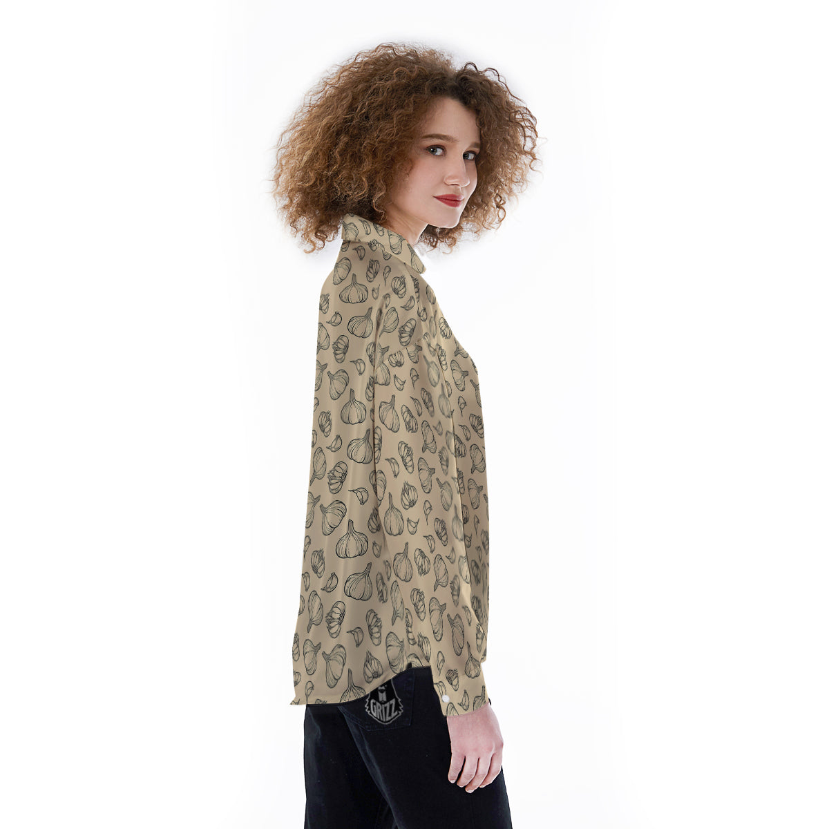 Beige Drawing Garlic Print Pattern Women's Long Sleeve Shirts-grizzshop