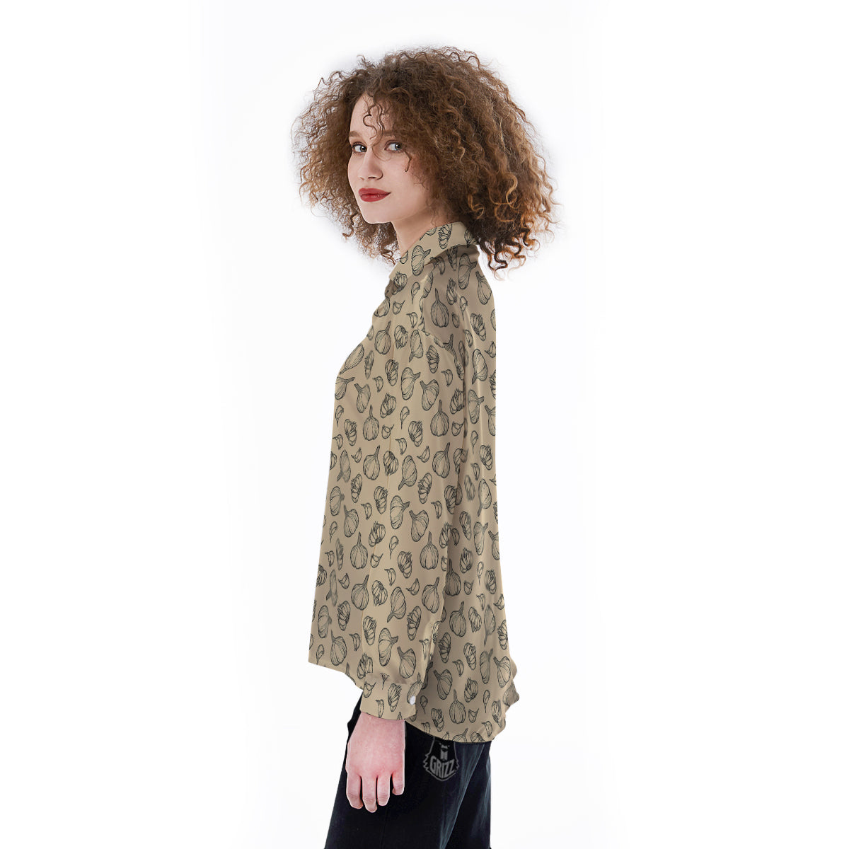Beige Drawing Garlic Print Pattern Women's Long Sleeve Shirts-grizzshop