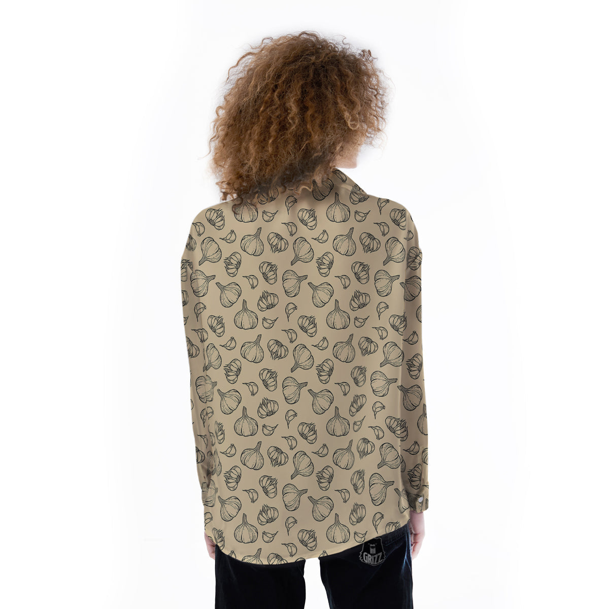 Beige Drawing Garlic Print Pattern Women's Long Sleeve Shirts-grizzshop