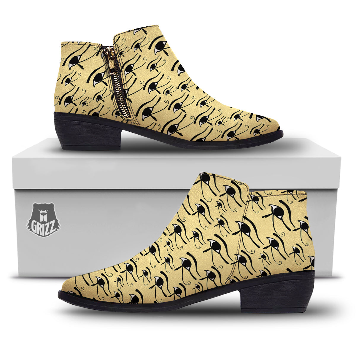 Beige Eye of Horus Print Pattern Ankle Boots-grizzshop