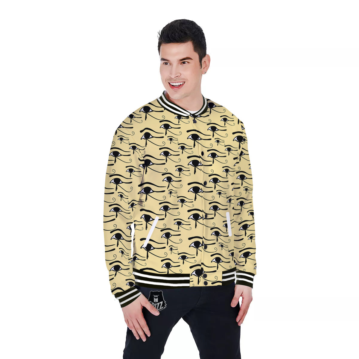 Beige Eye of Horus Print Pattern Baseball Jacket-grizzshop