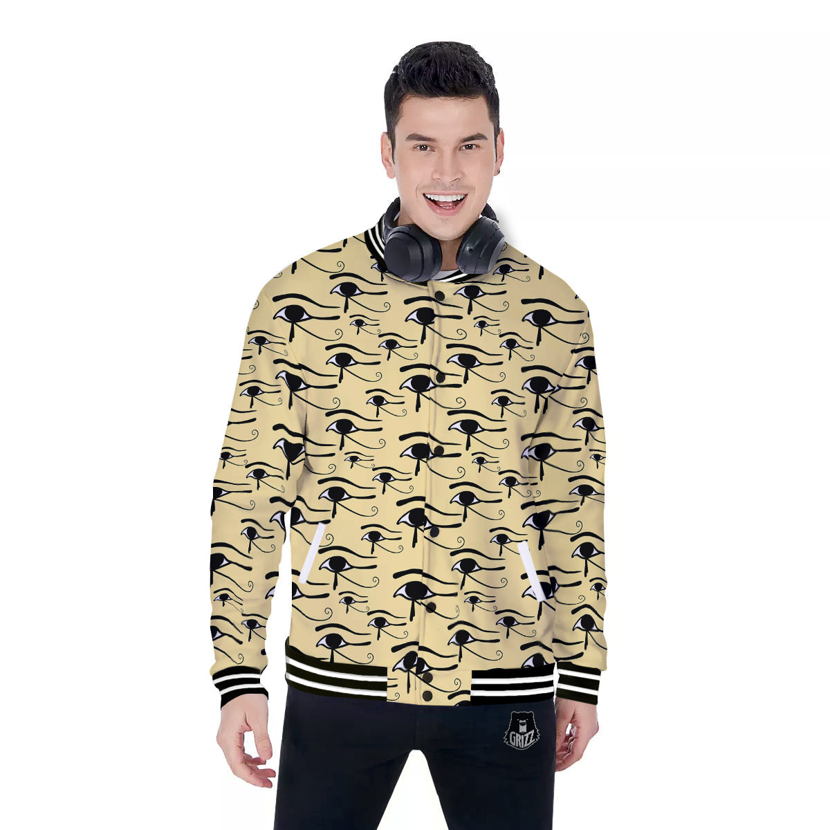 Beige Eye of Horus Print Pattern Baseball Jacket-grizzshop