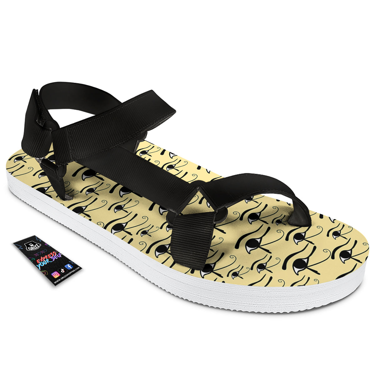 Beige Eye of Horus Print Pattern Black Open Toe Sandals-grizzshop